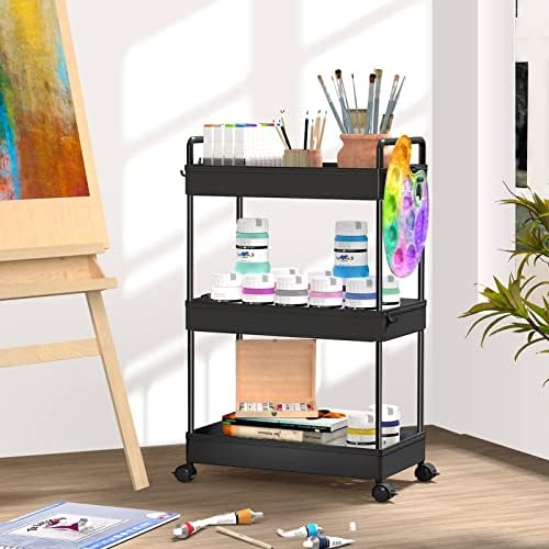 SOLEJAZZ 3 Tier Slim Rolling Storage Cart Organizer with Wheels, Black