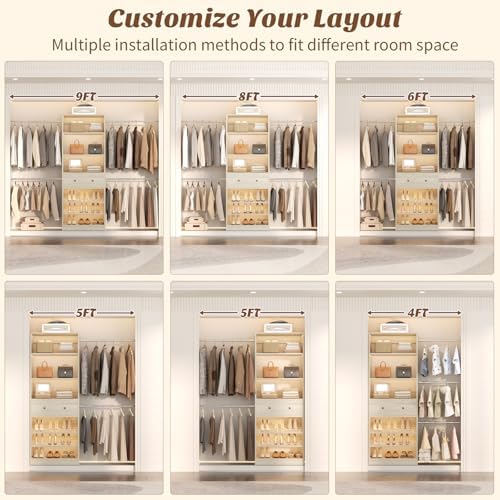 Armocity Wood Closet Organizer System - 4FT-9FT Expandable Wardrobe Closet with Drawer & 4 Hanging Rods, Heavy Duty Walk-in Closet 1000Lbs for Bedroom Walk-in Closet, White Oak