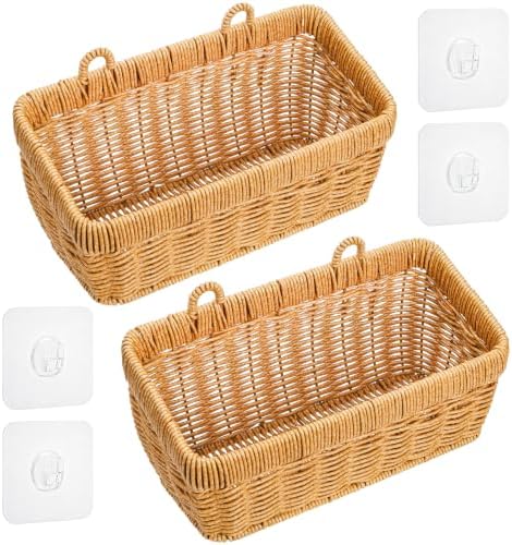 ZEAYEA 2 Pack Cute Small Wall Hanging Basket for Kitchen Bathroom | Hand-Woven Organizer Basket for Onion Garlic, Boho Plastic Storage Baskets with Hanger for Laundry Living Room Home Decor