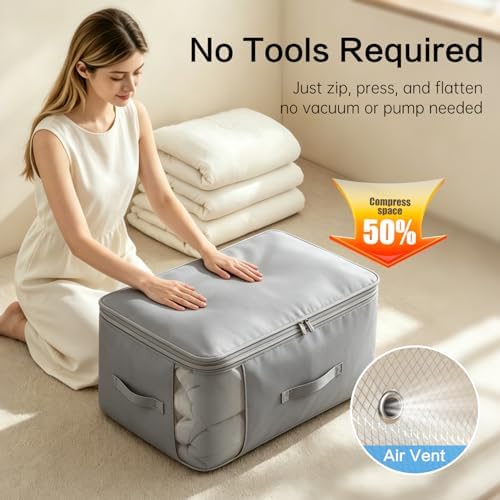 Comforter Storage Bag, Large Capacity Blanket Storage Bags 3-Layer Ultra Space Saving Self Compression Organizer, Heavy Duty Space Saver Organizer for Bedding, Clothes, Blanket, 4-Pack, Gray