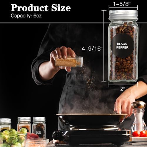 DkOvn 12pcs Glass Spice Jars with Labels, 6oz Empty Spice Jars | with Mental Caps, Shaker Lids, Collapsible Funnel, Chalk Pen, Seasoning Organizer for Spice Rack