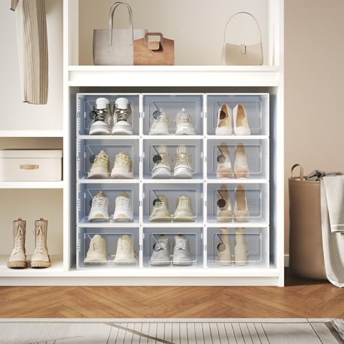 NEWBULIG 15 Pack Clear Shoe Storage Boxes, XXL-Stackable Sneaker Storage Case with Lids, Shoe Display Containers Organizer for Closet, Under Bed, Entryway, White
