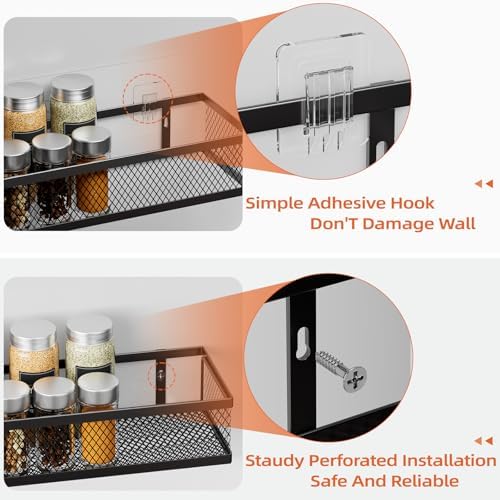 Spice Rack Wall Mount, 4 Pack Pantry Door Organizer & Hanging Storage Baskets Organizer Wall Mount, Large Capacity Metal Spice Shelf for Kitchen Cabinet, Pantry Doors, Bathroom, Shower, Home Decor