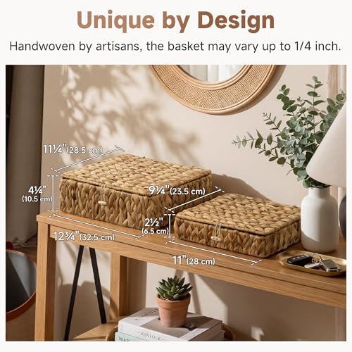 StorageWorks Wicker Basket with Lids, Flat Wicker Storage Boxes with Lids