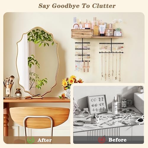 VINAEMO Jewelry Organizer Hanging Wall Mounted Jewelry Holder with Rustic Wood Drawer & Large Capacity Storage Shelf Rack Display for Earrings Rings Necklaces Bracelet