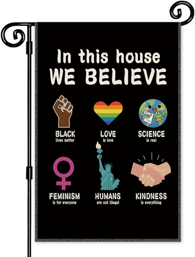 In This House We Believe Garden Flag, Funny Love is Love Flags for Outside, BLM Equality Ally Double Sided Outdoor Yard Sign, Pride Month Human Rights Decor Banner, Equal Feminism Garden Banner