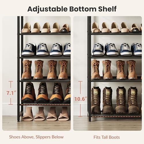 6 Tier Shoe Rack Organizer for 24-30 Pairs, Tall Metal Shoe Storage Shelf with Wood Top, Adjustable Boot Space, Narrow Design for Entryway Closet, Rustic Brown and Black