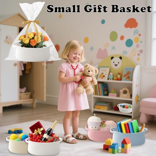 White Woven Rope Basket,Baby Gift Basket with Bag & Ribbon