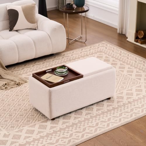 35" Linen Rectangle Storage Ottoman Coffee Table with Tray, Beige
