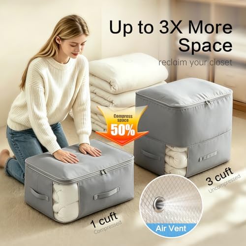 Comforter Storage Bag, Large Capacity Blanket Storage Bags 3-Layer Ultra Space Saving Self Compression Organizer, Heavy Duty Space Saver Organizer for Bedding, Clothes, Blanket, 2-Pack, Gray