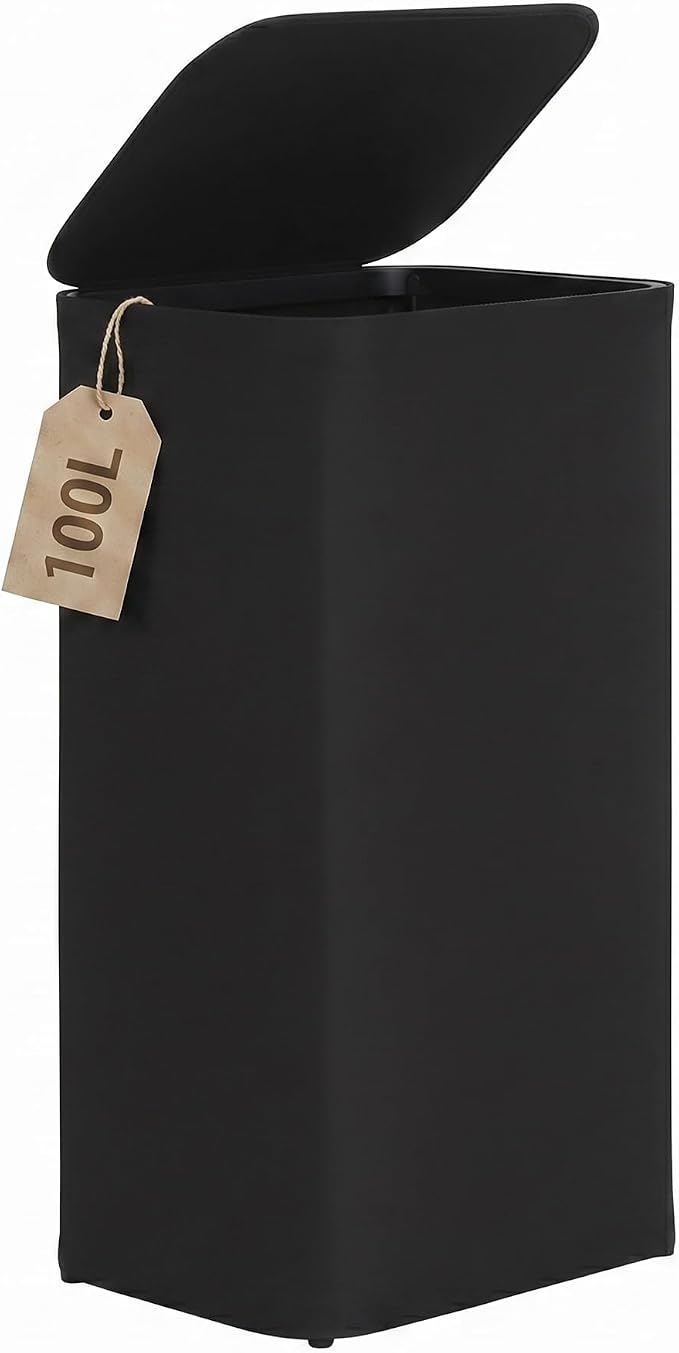 DOKEHOM 100L Laundry basket Hamper with Lid & Removable Mesh Bag, Black | Collapsible large clothes hamper, foldable laundry sorter bin with mesh inserts. Adjustment screws to keep fabric taut