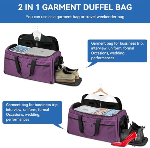 Large Garment Bag for Travel, Bukere Convertible Suit Travel Garment Duffel Bag for Women Business, Shoe Compartment, Detachable Shoulder Strap, 2 in 1 Hanging Suitcase Suit Travel Bags, Purple