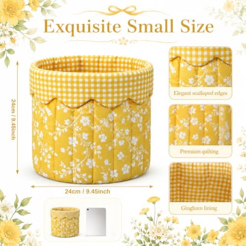 Novabright Yellow Floral Quilted Storage Basket Small Scalloped Fabric Bin