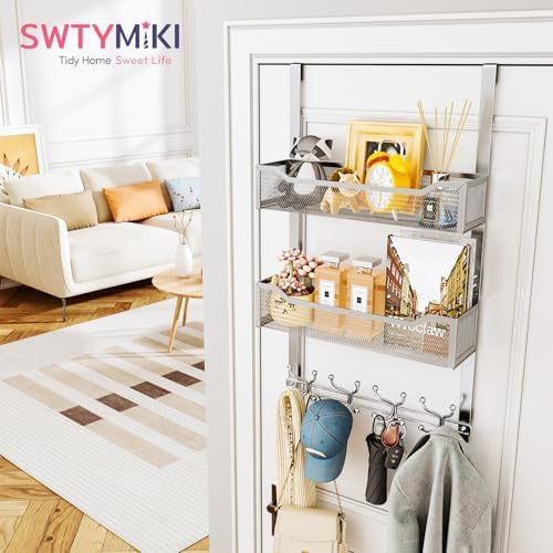 SWTYMIKI Over The Door Hook with 16 Hooks & 2 Mesh Baskets - Heavy Duty Over The Door Organizer Hanger for Towels, Coats, Clothes - Space Saving Hanging Rack for Bathroom, Living Room, Silver