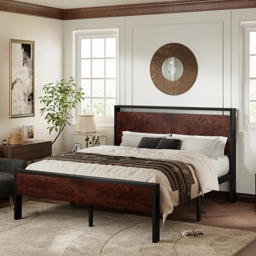 Allewie Full Size Bed Frame, Heavy Duty 12 Metal Slats Support, Mahogany