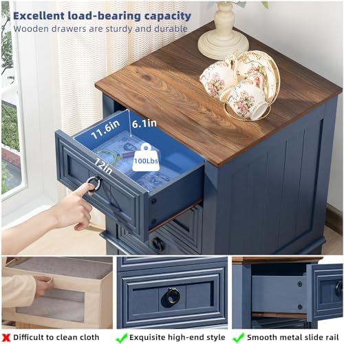 Joaxswe Farmhouse Nightstand Set 2, 18'' End Table | Sofa Bed Side Table with 3 Drawers, Blue Night Stand Cabinet for Organizer Bedroom Living Room