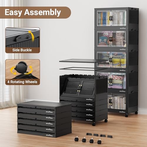 BROVIEW 320Qt Large Stackable Storage Bins with Lid & Wheels, Plastic Collapsible Closet Organizers and Storage Drawers for Clothes | Foldable Storage Cabinet Container for Dorm Kitchen 4Pack Black