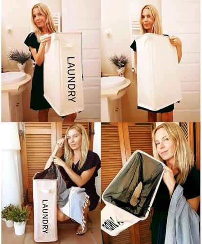 Slim Laundry Hamper with Wheels, 52L Skinny Hamper, 22" Beige