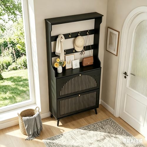 67.3'' Tall Shoe Cabinet with Coat Rack, Narrow Shoe Storage Cabinet with 2 Flip Drawers, 2-in-1 Hall Tree Slim Freestanding Shoe Rack Organizer for Entryway (Black, 2 Drawers- 67.32''H)