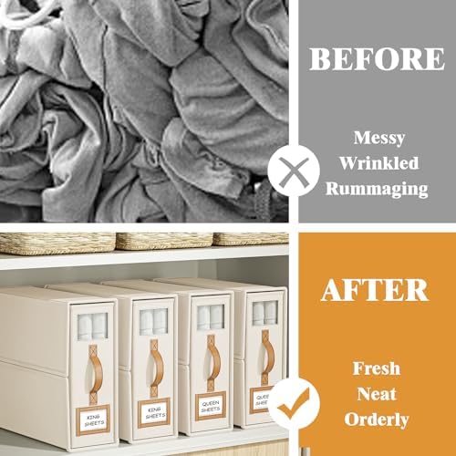 8 Pack Foldable Bed Sheets Set Organizers and Storage(King & Queen Size),Linen Fabric Closet Organizers with Window,Folding Bedding Storage Box for Bedsheets and Pillow Cube Organizer-Beige