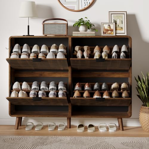 3imothrix Fluted Shoe Storage Cabinet with 4 Flip Drawers, Walnut