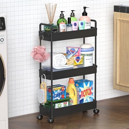 SOLEJAZZ Slim Rolling Storage Cart Skinny Bathroom Organizer, 3 Tier, Black