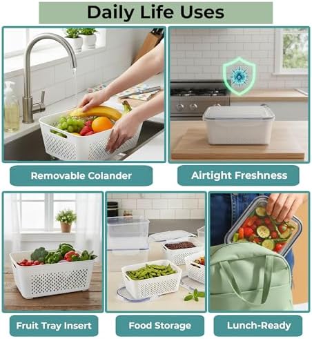 5 Pack Large Fruit Storage Containers for Fridge with Removable Colander | Plastic Food Storage Containers with Lids Airtight-Leak Proof Refrigerator Organizers and Storage of Vegetable