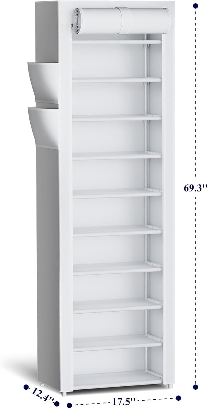 Kitsure 10-Tier Shoe Rack with Cover, Vertical Shelf, 17.5" Wide, White
