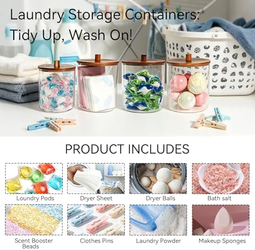 Amolliar 78oz/0.6Gal Clear Acrylic Laundry Pods Container (Dark Wood) | Laundry Room Organization, Detergent Container with Dark Wood Lids & 27 Labels for Bathroom/Kitchen Organizer