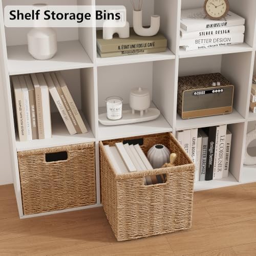 Vagusicc 13 inch Wicker Storage Basket, Set of 2 Handwoven Wicker Baskets for Organizing, Foldable Square Storage Cubes, Large Cube Storage Bins for Shelves, Bathroom, Natural