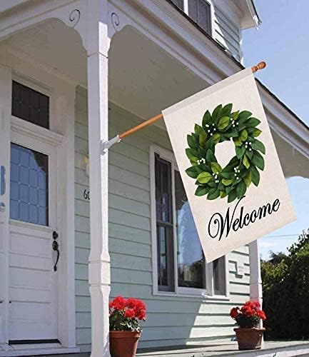 Baccessor Spring House Flag Wreath Garden Flag Magnolia Leaves Welcome Large Yard Flag 28 x 40 Inch Double Sided Burlap Summer Outside Decor