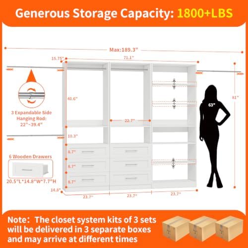 Closet System with 3 Sets, 6-15FT Modular Closet Organizer Systems with 6 Wood Drawers & 8 Shelves, Walk in Closet System Tower with 5 Hanging Rods, Custom Closet Organizer Kits Adjustable, White