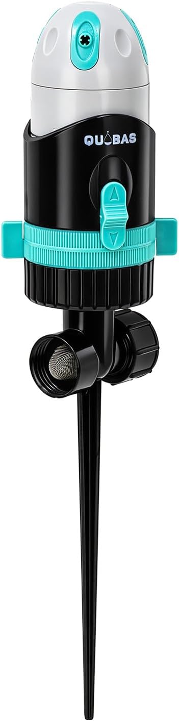 QUOBAS Sprinkler for Yard, 4 Spray Modes, 360° Adjustable Rotation, Heavy Duty Metal Spike with Built-in Filter, Water Diameter up to 50ft for Garden Plant, Flower Bed and Large Yard Area