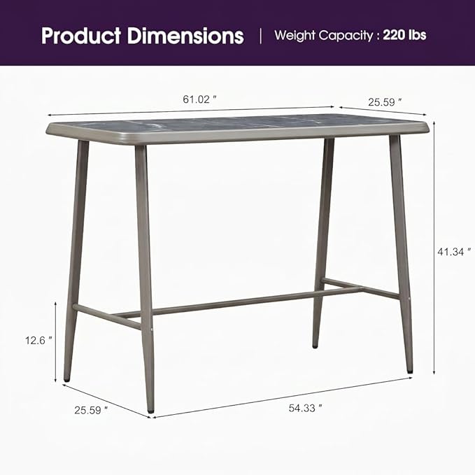 PURPLE LEAF Rectangular Patio Bar High Table Aluminum Stool Dining Table for Kitchen Indoor Outside Grey