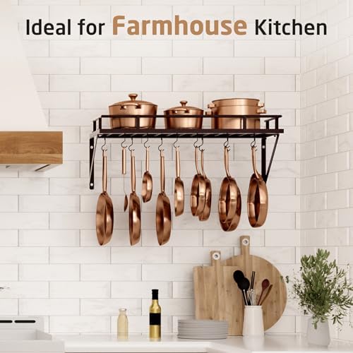 KES 30-Inch Wall Pot Rack, Oil Bronze, 88lb Capacity, 12 Hooks, Farmhouse | Carbon Steel Construction, Reinforced Grid Shelf, Stud Mounting, 12 S-Hooks, Rust-Resistant, Indoor Kitchen Organizer