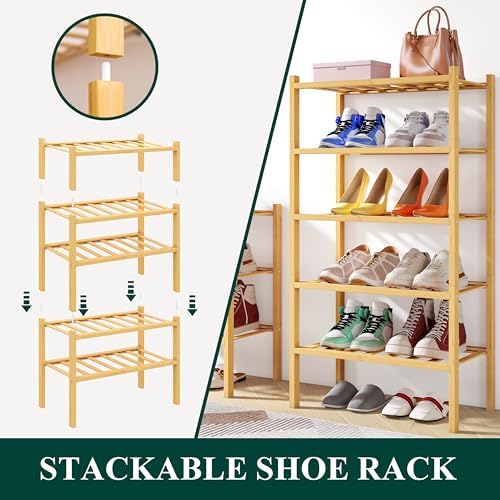 Smiry Bamboo Shoe Rack, 8 Vertical Slats, 3 Tier - 17.3" Wide, Natural