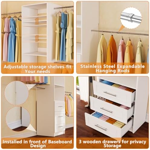 Closet System with 9 Drawers, 8FT-20FT Custom Closet Organizer System Modular Walk in Closet Storage Wooden System with 12 Expandable Hanging Rods Adjustable Shelves 3 Sets White(8FT-20FT)