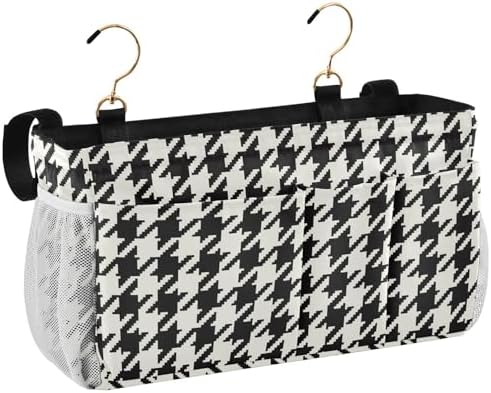 Classic Houndstooth Print Bedside Caddy Storage Bag Bedside Organizer for Bunk Bed Headboards College Organizer Caddy Hanging Shelf 6 Pockets with Hooks for Drinks Magazine Phone Holder