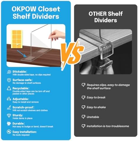 OKPOW Shelf Dividers Closet Organizer - 12" Tall X 9" Deep Acrylic Clear Sturdy Separate for Clothes Purse - Adjustable Space Saver Easy Install for Home Organization Enthusiasts 4 Pack