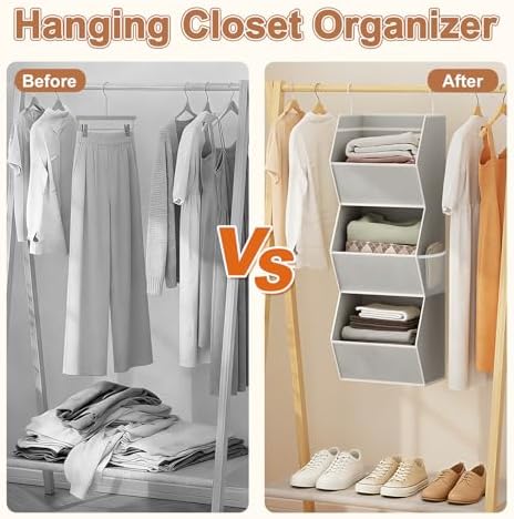 Closet Hanging Organizer with Pockets, 3 Shelf Hanging Clothes Organizers