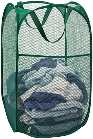 Larpur Pop Up Laundry Hamper Collapsible Mesh Clothes Basket, Dark Green | Portable Laundry Hamper Foldable Dirty Clothes Hamper Storage for Home, Dorm, Travel, Cruise