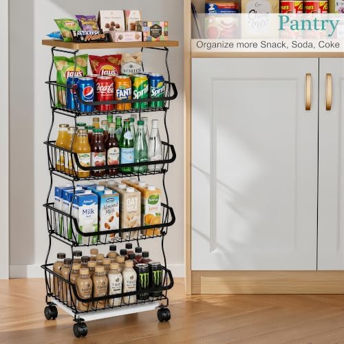 VECELO 5-Tier Fruit Basket with Wheels, Fruit and Vegetable Storage Cart for Kithchen, Stackable Produce Organizer Wire Baskets for Kitchen, Pantry, Living Room