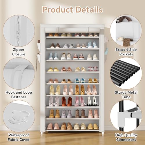 LANTEFUL Shoe Rack with Covers 10 Tier Tall Shoe Rack Organizer Large Capacity Shoe Shelf Storage 40 Pairs Space Saving Free Standing Shoe Storage Organizer for Closet, Entryway, Dorm, White