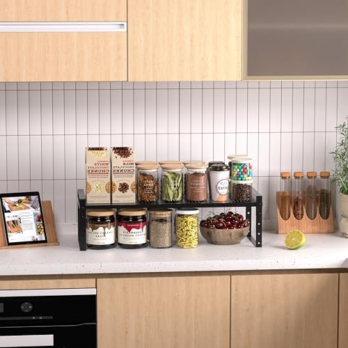 Jojocross Expandable Stackable Aadjustable Shoe Rack Pantry Shelf for Kitchen Cabinets Counter Shelves Countertop Cupboard Storage Solution,Sturdy Heavy-Duty Metal Construction(2Packs/Black/Large)