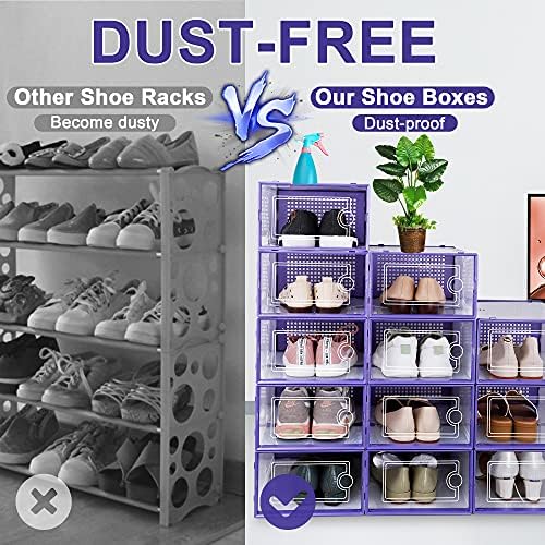 Kuject Large Shoe Organizers Storage Boxes for Closet, 12 Pack Clear Plastic Stackable Storage Bins with Lids, Under Bed Shoe Containers for Entryway, Drop Front, Fit up to Women's Size 10,Purple