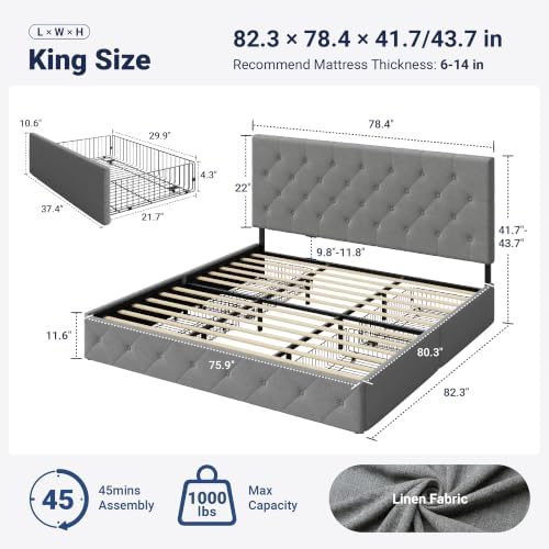Allewie King Size Storage Bed Frame with 4 Underbed Drawers, Light Grey