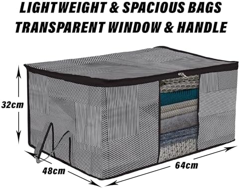 Kuber Industries Underbed Storage Bag | Clothes Storage Organizer | Blanket Cover with Clear Window | Zipper Closure & Handle Cloth Organizer | Lining-Design | Large | Pack of 2 | Gray