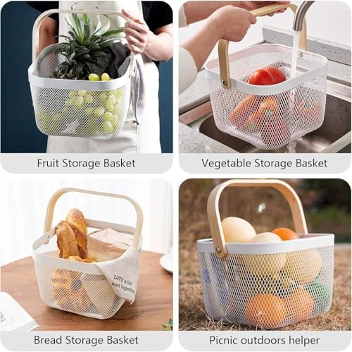 AJIODA Metal Mesh Wire Basket, Large Steel Basket with Wooden Handle Storage Organizer Basket Multi-functional Hanging Kitchen Baskets Fruit Baskets for Kitchen Bathroom Cabinet Pantry Snacks, White