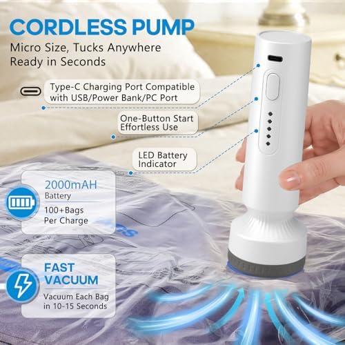 18 Pack Vacuum Storage Bags for Travel with Rechargeable Cordless Pump, Space Saver Bags for Clothes, Compression Packing Bags for Luggage and Suitcase
