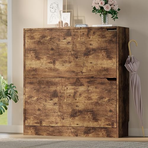 BORNOON Shoe Cabinet with 2 Flip Drawers, Slim Narrow Shoe Storage Cabinet, Freestanding Shoe Organizer with Adjustable & Removable Shelves, Top Display Shelf for Entryway, Hallway, Foyer, Closet
